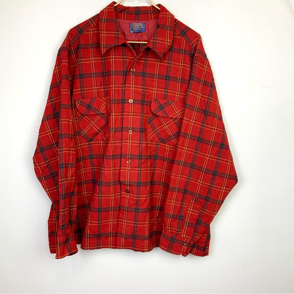 VTG Pendleton Sz XL Plaid Board‎ Shirt Loop Collar Flap Pocket Virgin Wool USA